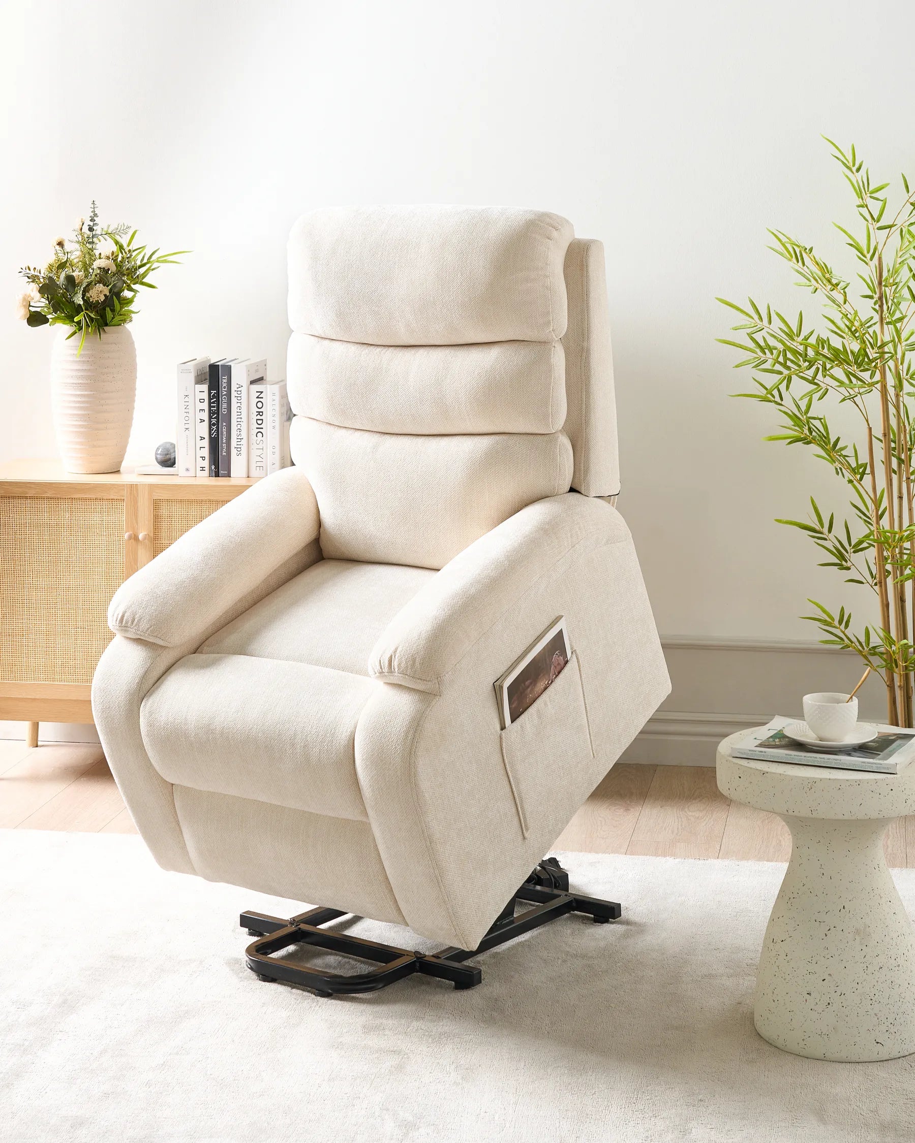 Electric Recliner Chair RISE With Footrest Fabric Light Beige