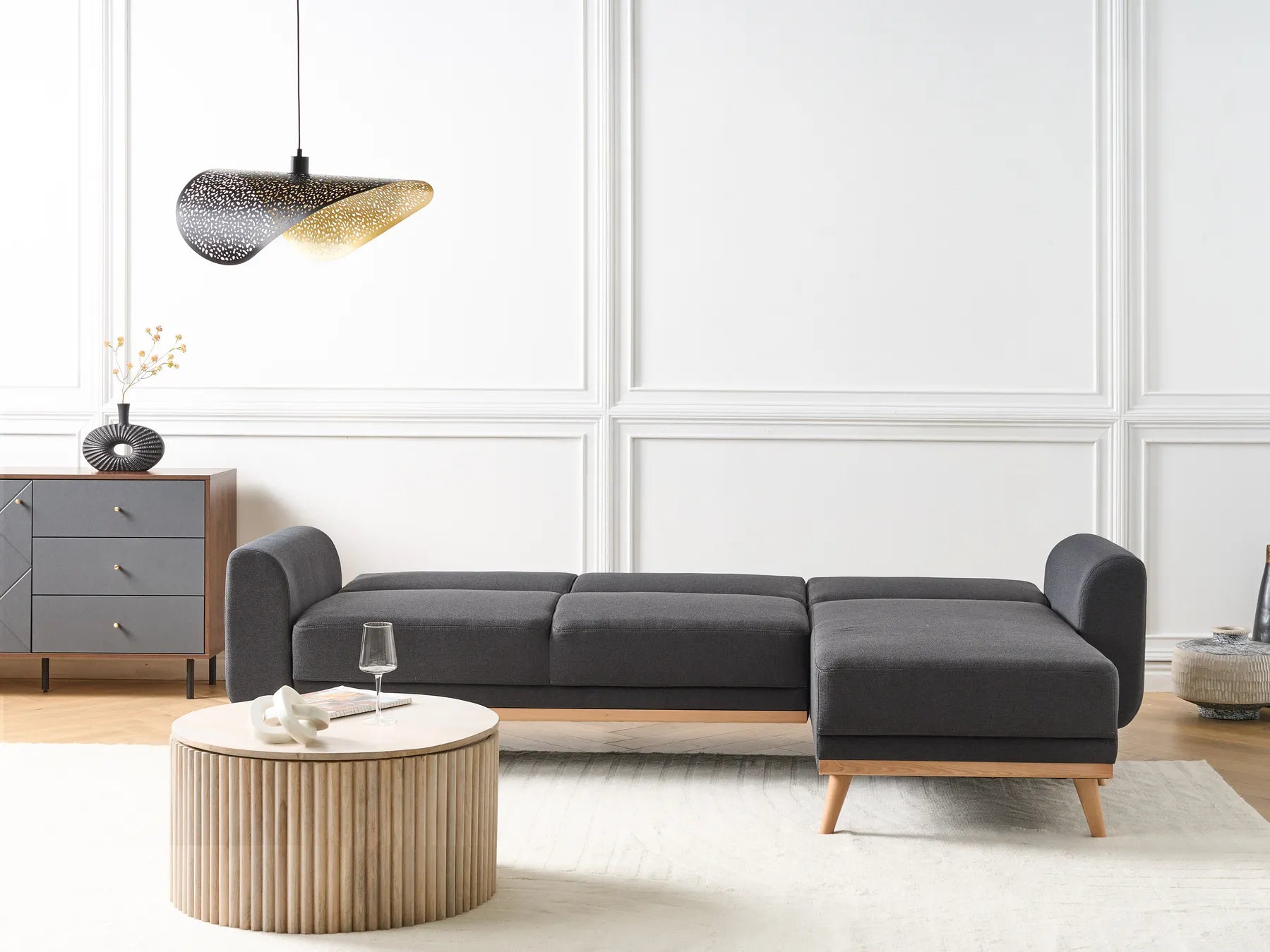 Corner Sofa Bed 3 Seater OLLSTA Fabric Black Left Hand