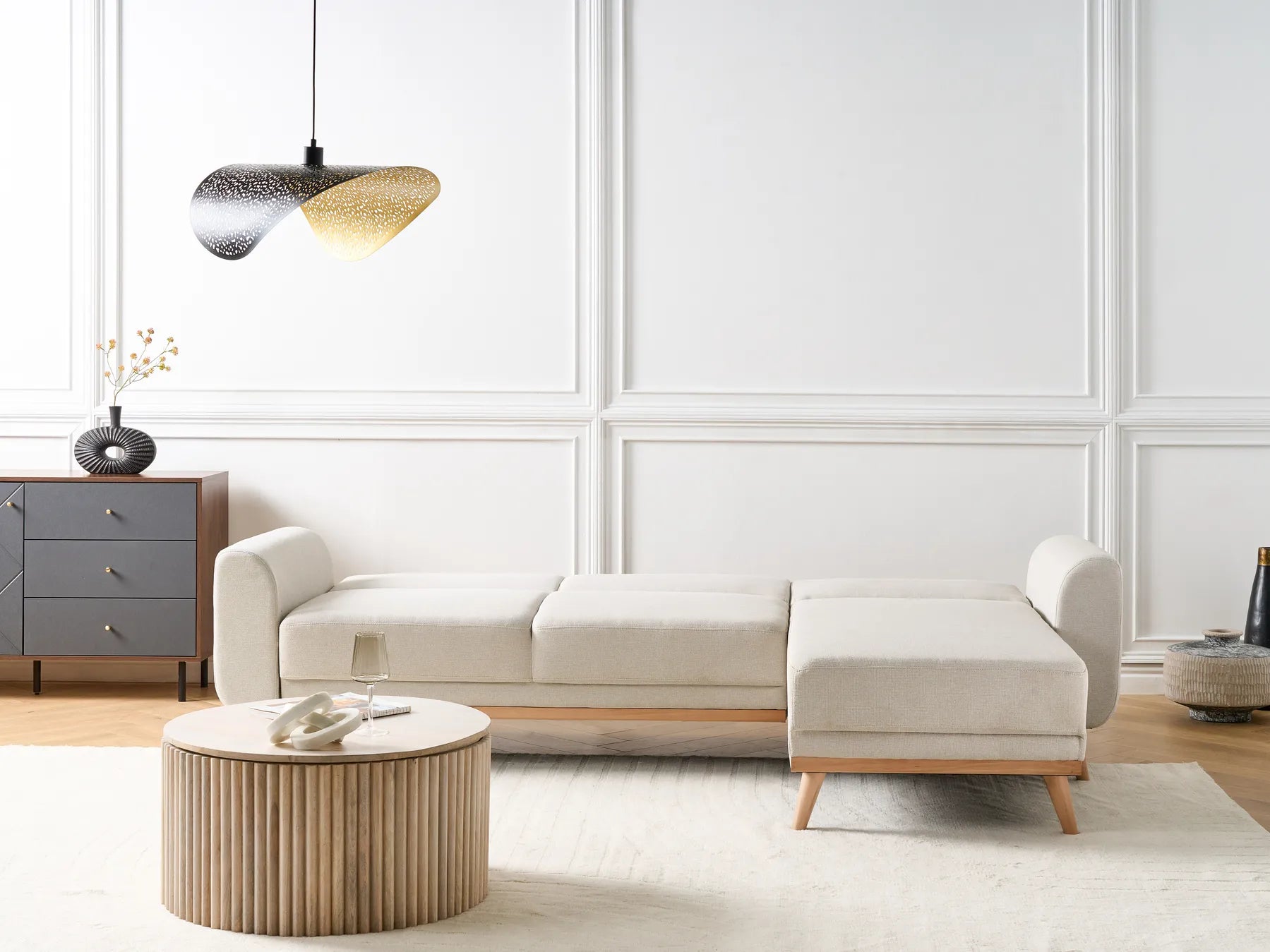 Corner Sofa Bed 3 Seater OLLSTA Fabric Light Beige Left Hand