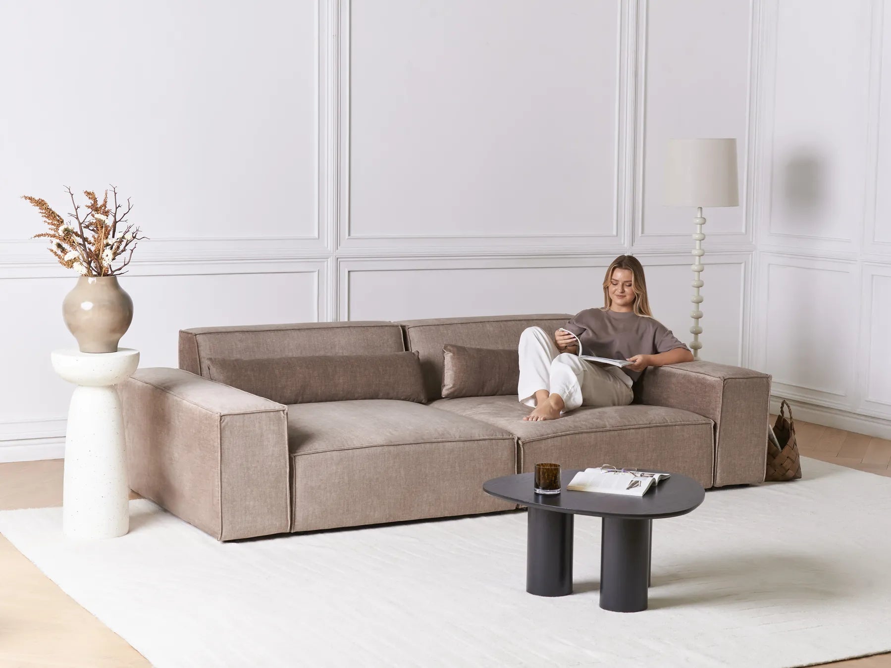 Corner Seat HELLNAR Fabric Light Brown Left Hand