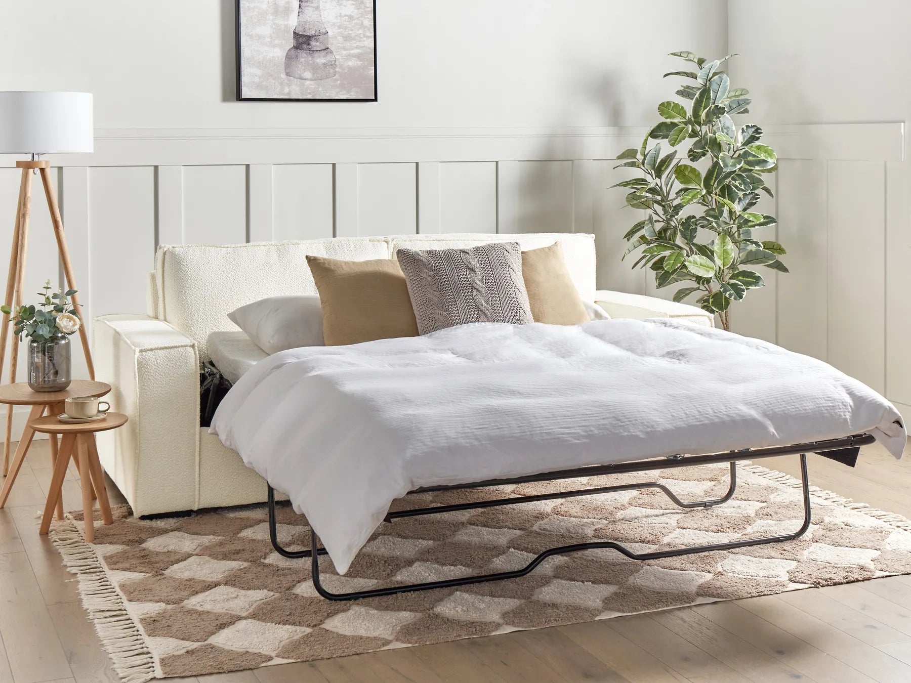 Sofa Bed 3 Seater VUOKATTI Boucle Off-White