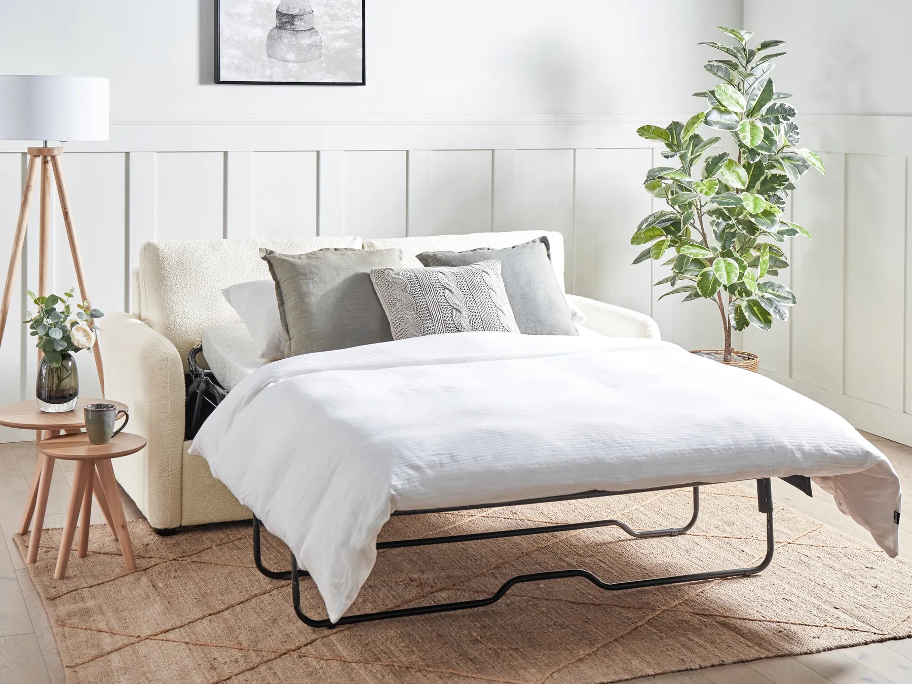 Sofa Bed 3 Seater BENNAS Boucle Light Beige