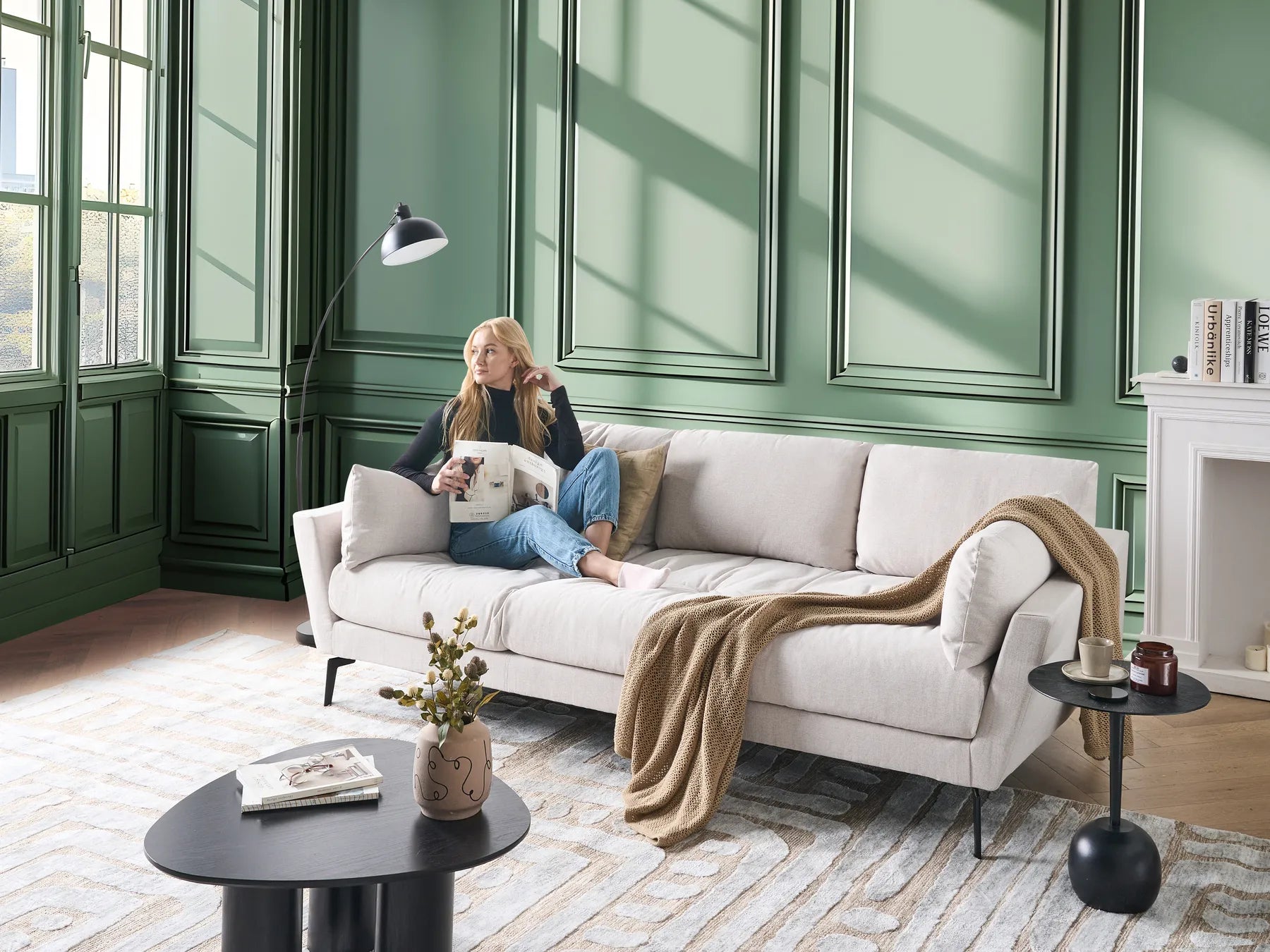 Sofa 4 Seater NENOLA Fabric Light Beige