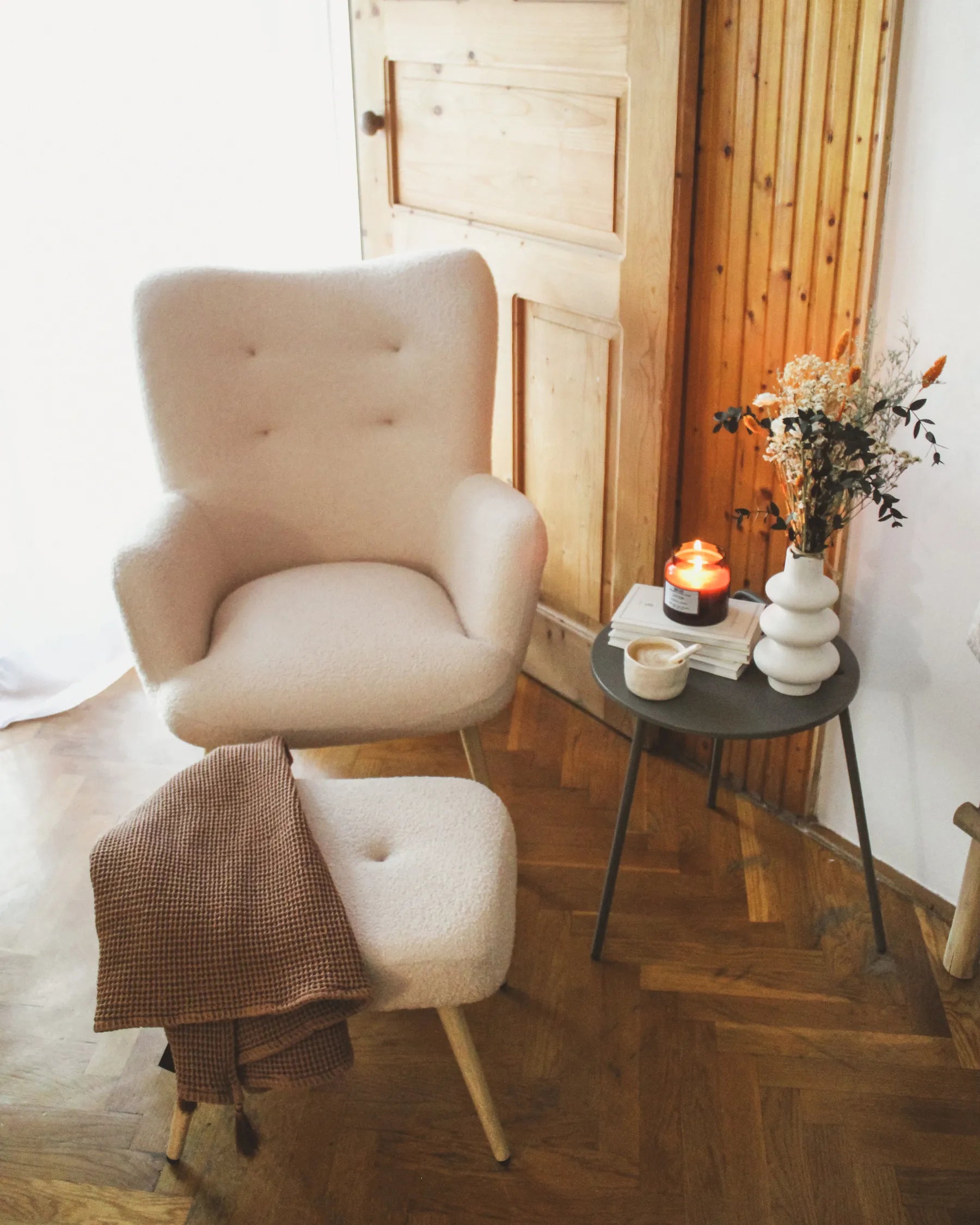 Wingback Chair VEJLE with Footstool Boucle Beige