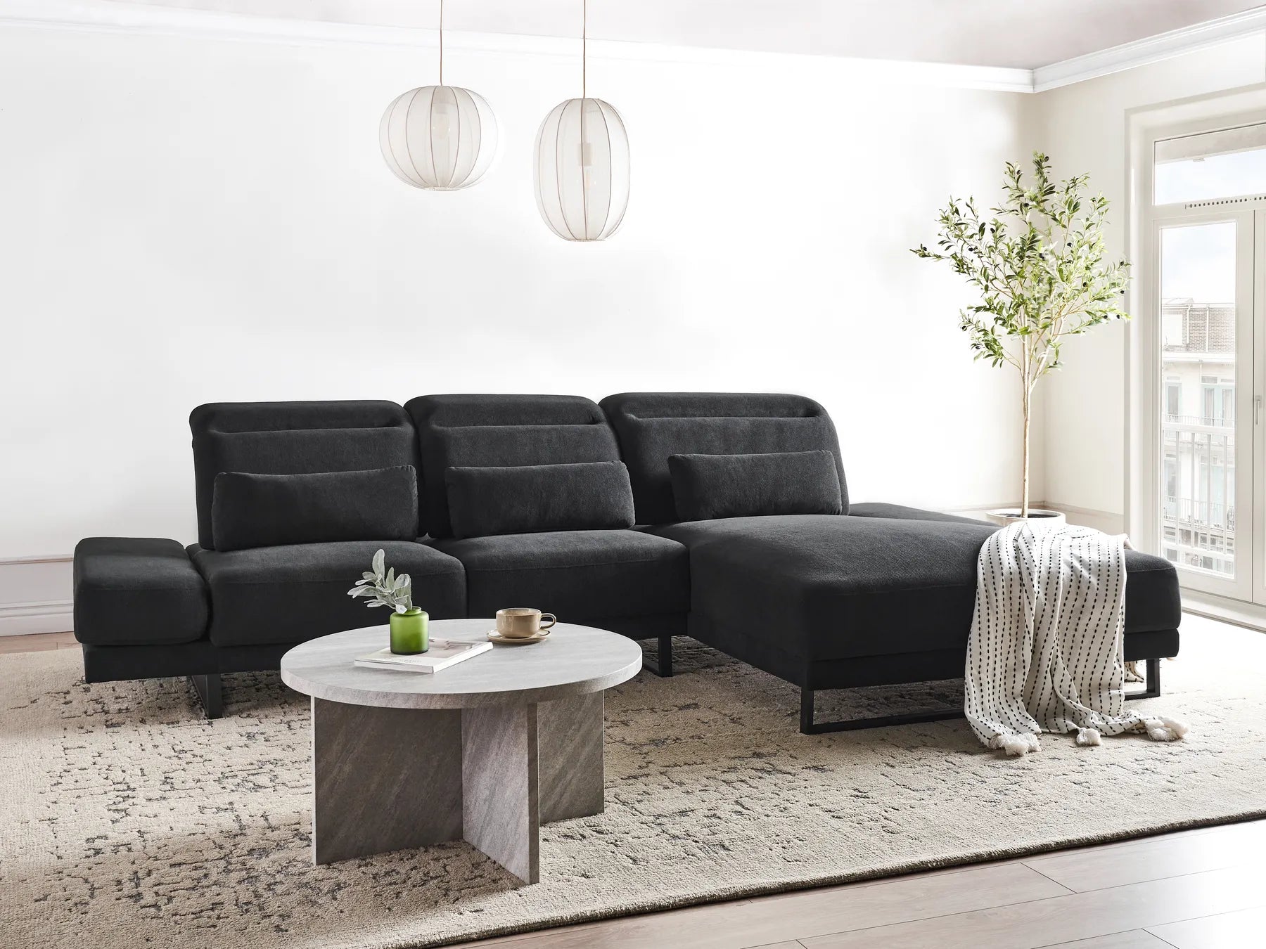 Corner Sofa 4 Seater IKAST Fabric Black Left Hand