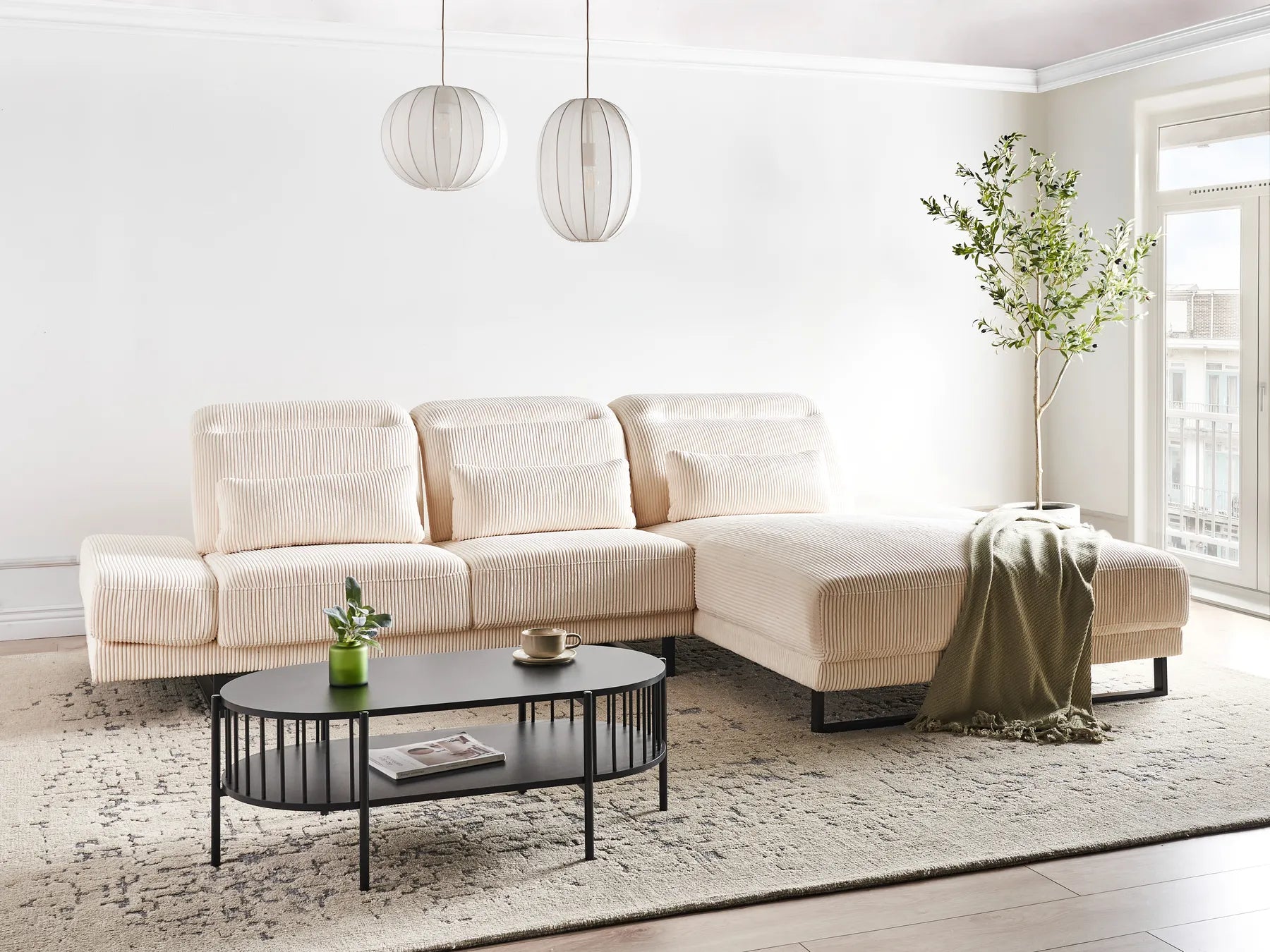 Corner Sofa 4 Seater IKAST Corduroy Beige Left Hand