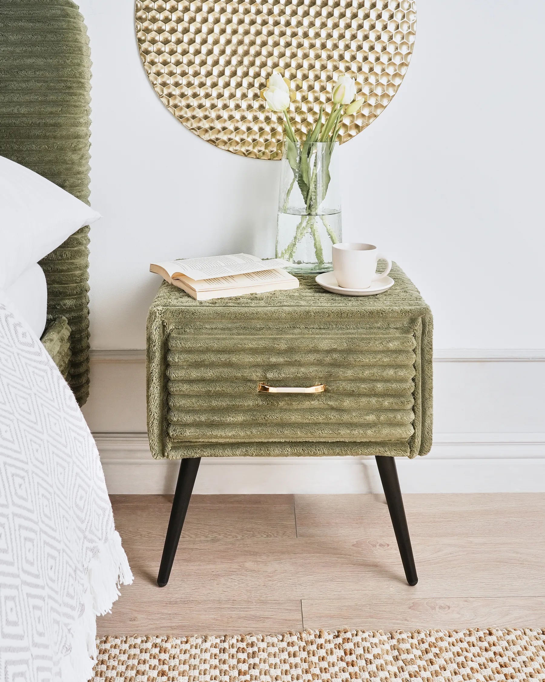 1 Drawer Bedside Table FLAYAT Corduroy Green