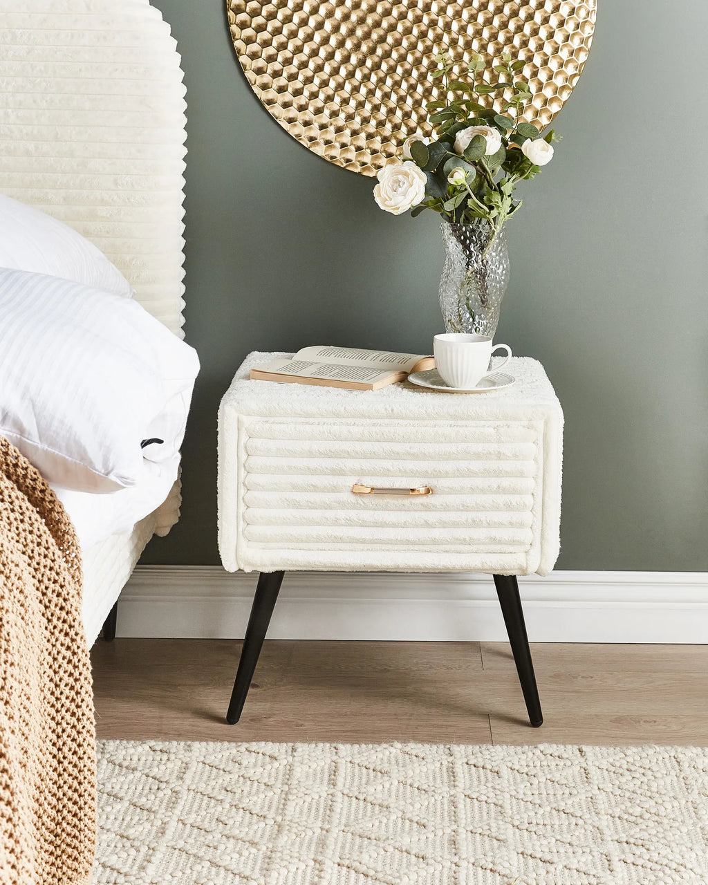 1 Drawer Bedside Table FLAYAT Corduroy Off-White