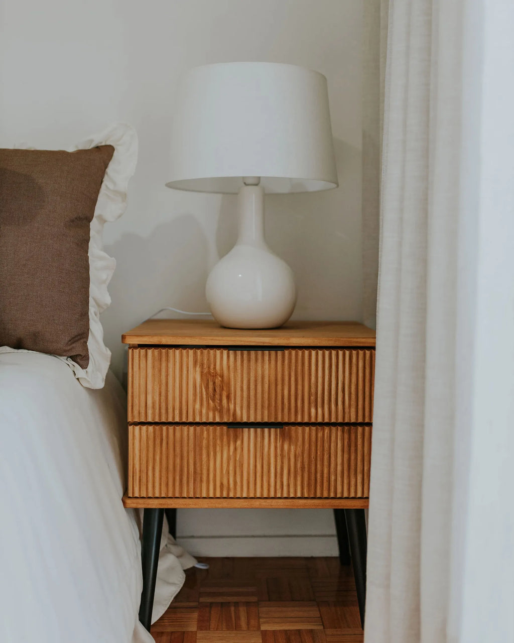 2 Drawer Bedside Table TIMMINS Pine Wood Brown