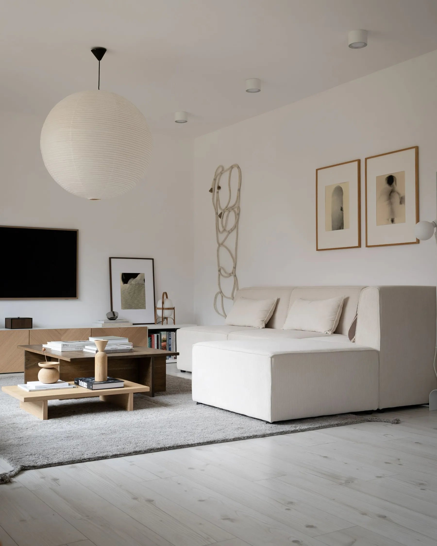 Modular Corner Sofa 3 Seater LEMVIG Corduroy Light Beige with Ottoman Right Hand