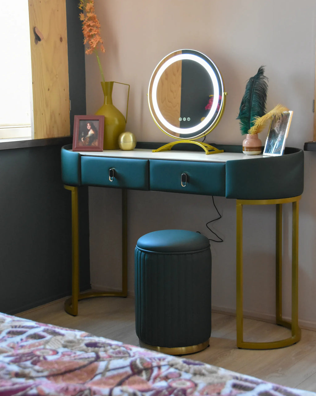 Dressing Table with Mirror and Stool VINAX LED Dark Green