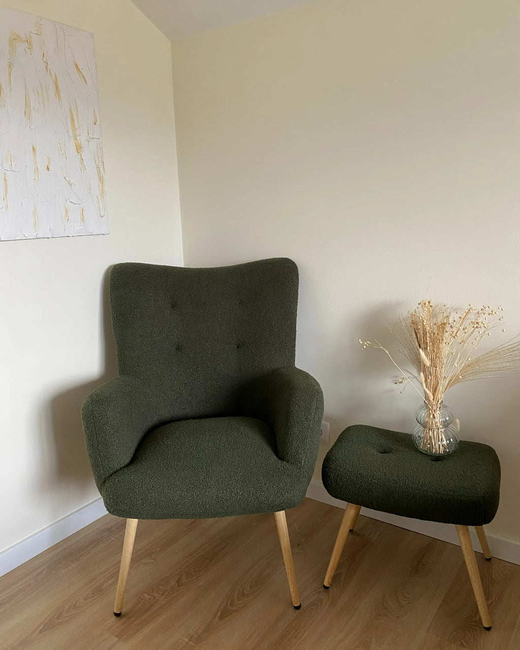 Wingback Chair VEJLE with Footstool Boucle Dark Green