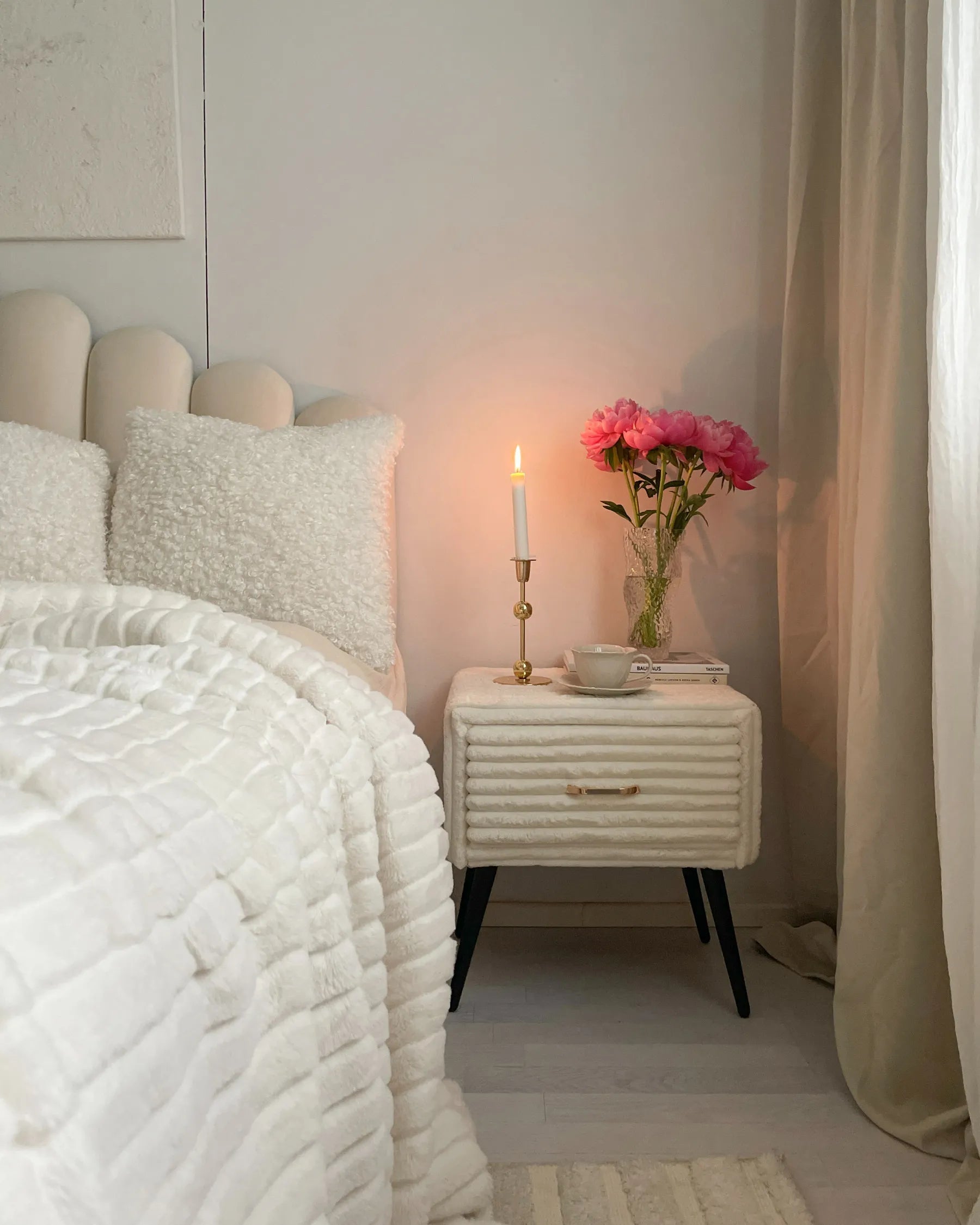 1 Drawer Bedside Table FLAYAT Corduroy Off-White