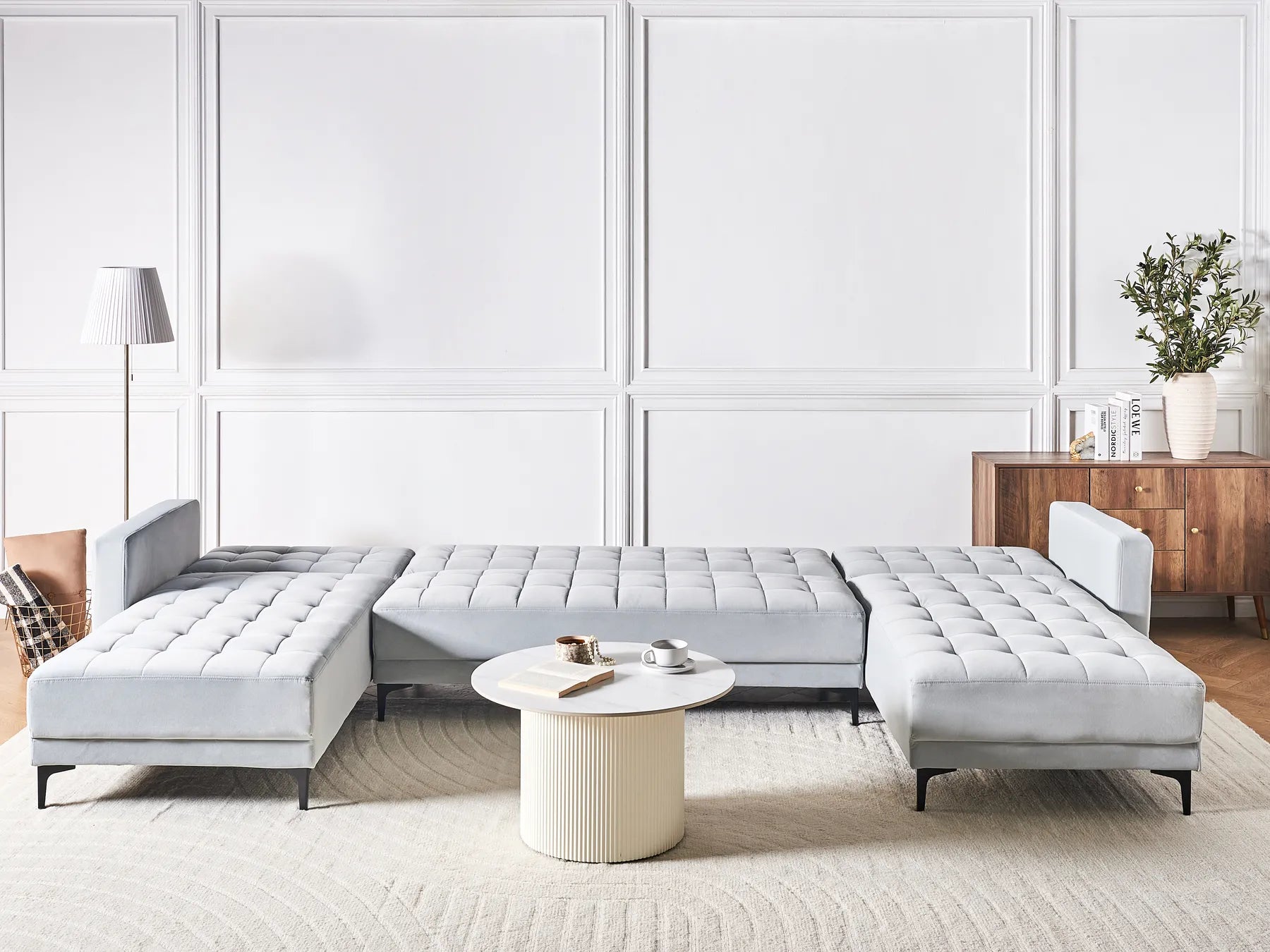 Modular U-Shape Sofa Bed 5 Seater ABERDEEN Velvet Light Grey