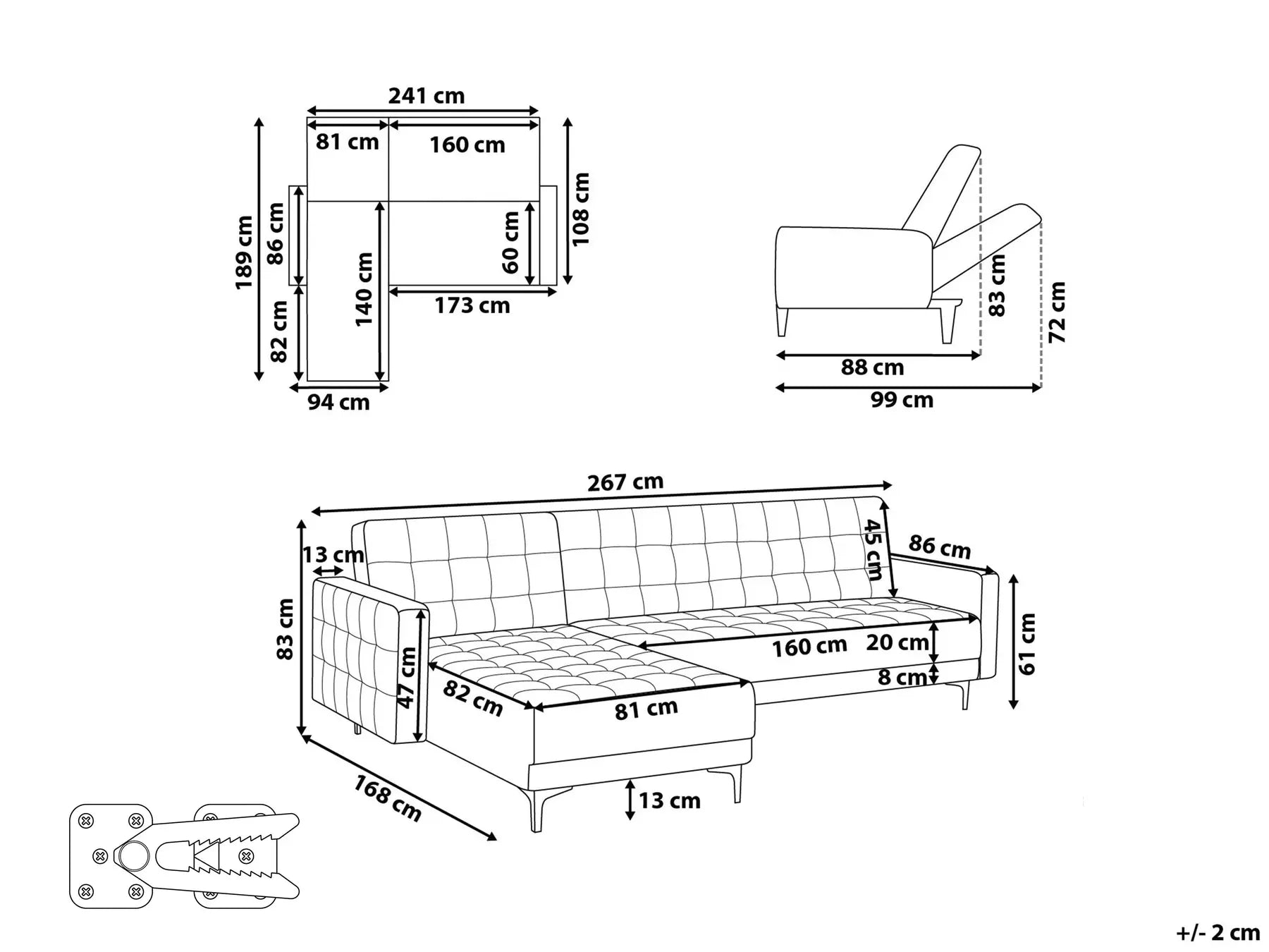 Modular Corner Sofa Bed 4 Seater ABERDEEN Velvet Light Grey Right Hand