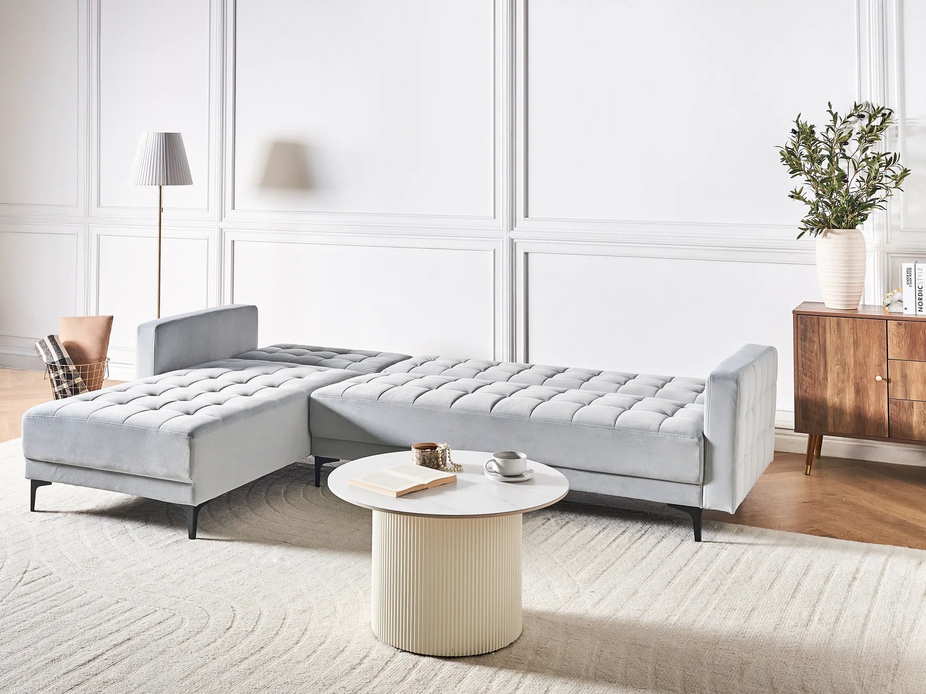 Modular Corner Sofa Bed 4 Seater ABERDEEN Velvet Light Grey Right Hand