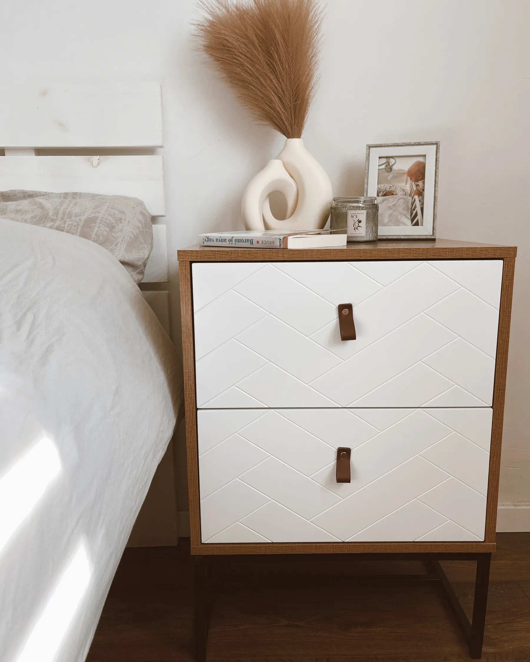 2 Drawer Bedside Table NUEVA Light Brown/ White