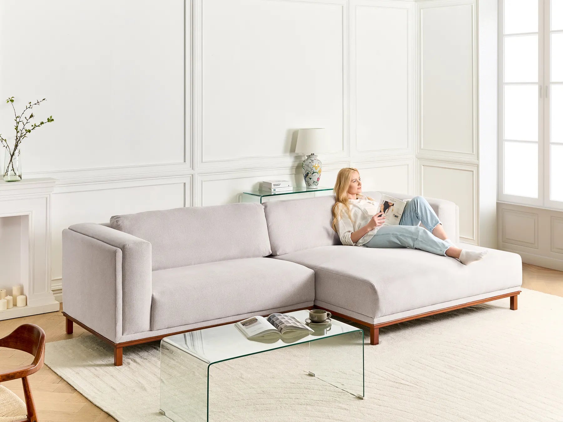 Corner Sofa 4 Seater VENG Fabric Light Beige Left Hand